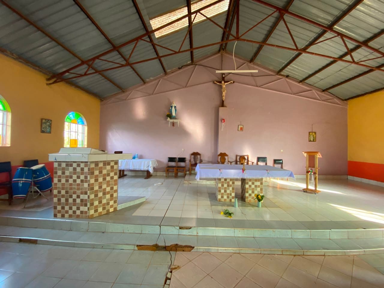 The sanctuary, with the statue of Mary, Mother of God, and the crucifix overlooking the altar.